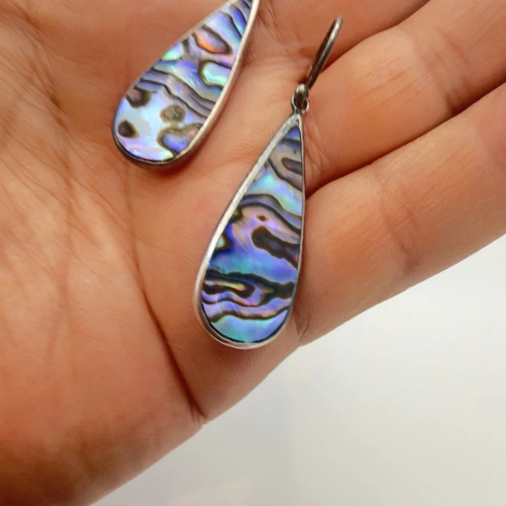 Vtg ATI Abalone Shell Sterling Silver Earrings Teardrop Dangle Pretty